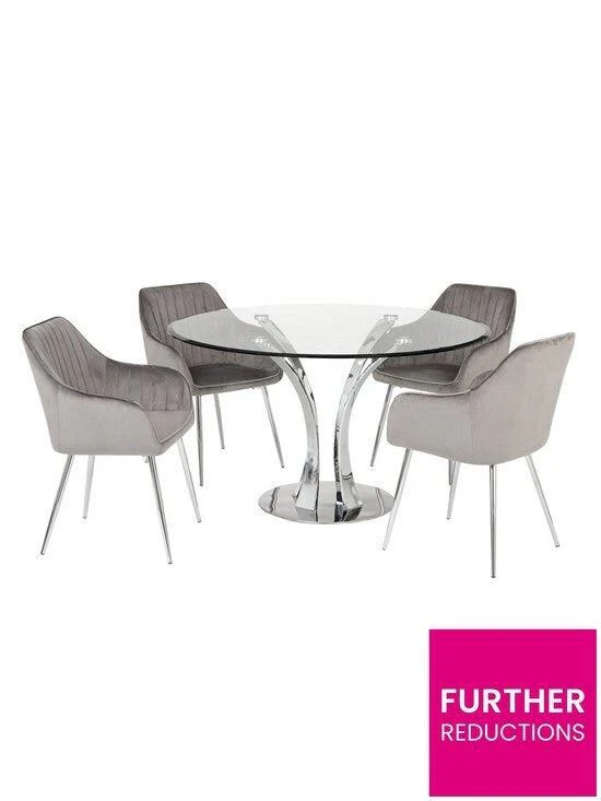 Alice Glass Top Dining Table & 4 Alisha Chairs Chrome Grey Stylish Dining Set