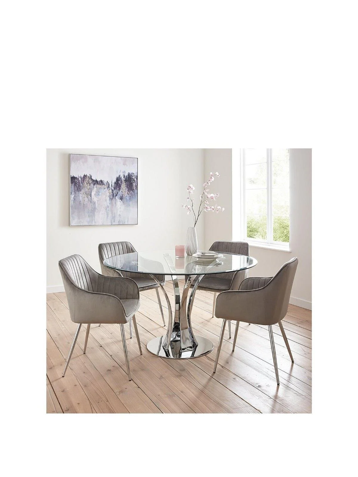 Alice Glass Top Dining Table & 4 Alisha Chairs Chrome Grey Stylish Dining Set - Image 2