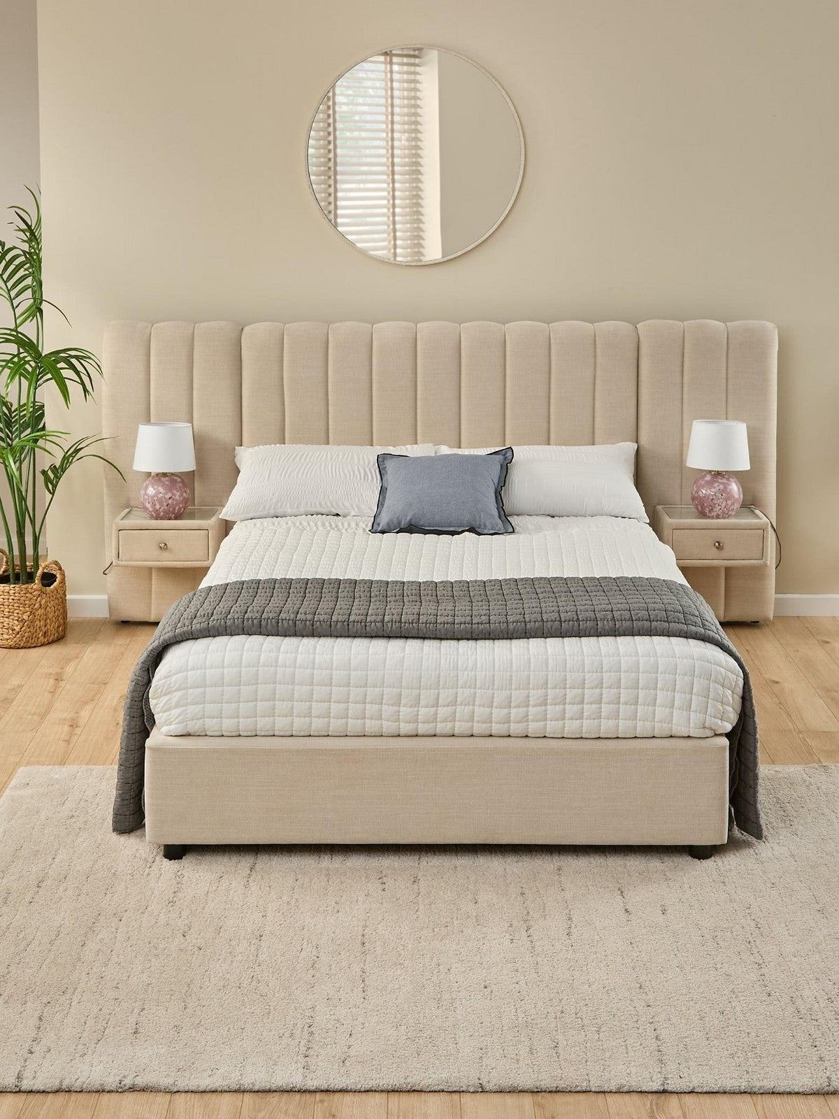 Amaya Double Bed Ivory | Built-in Side Tables & Drawers | No Mattress