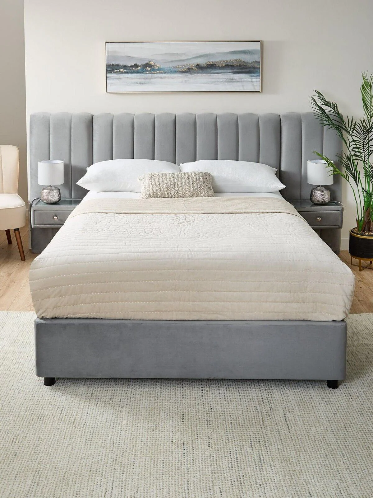 Amaya King Bed Frame with Built-In Side Tables Grey Modern Storage Solution