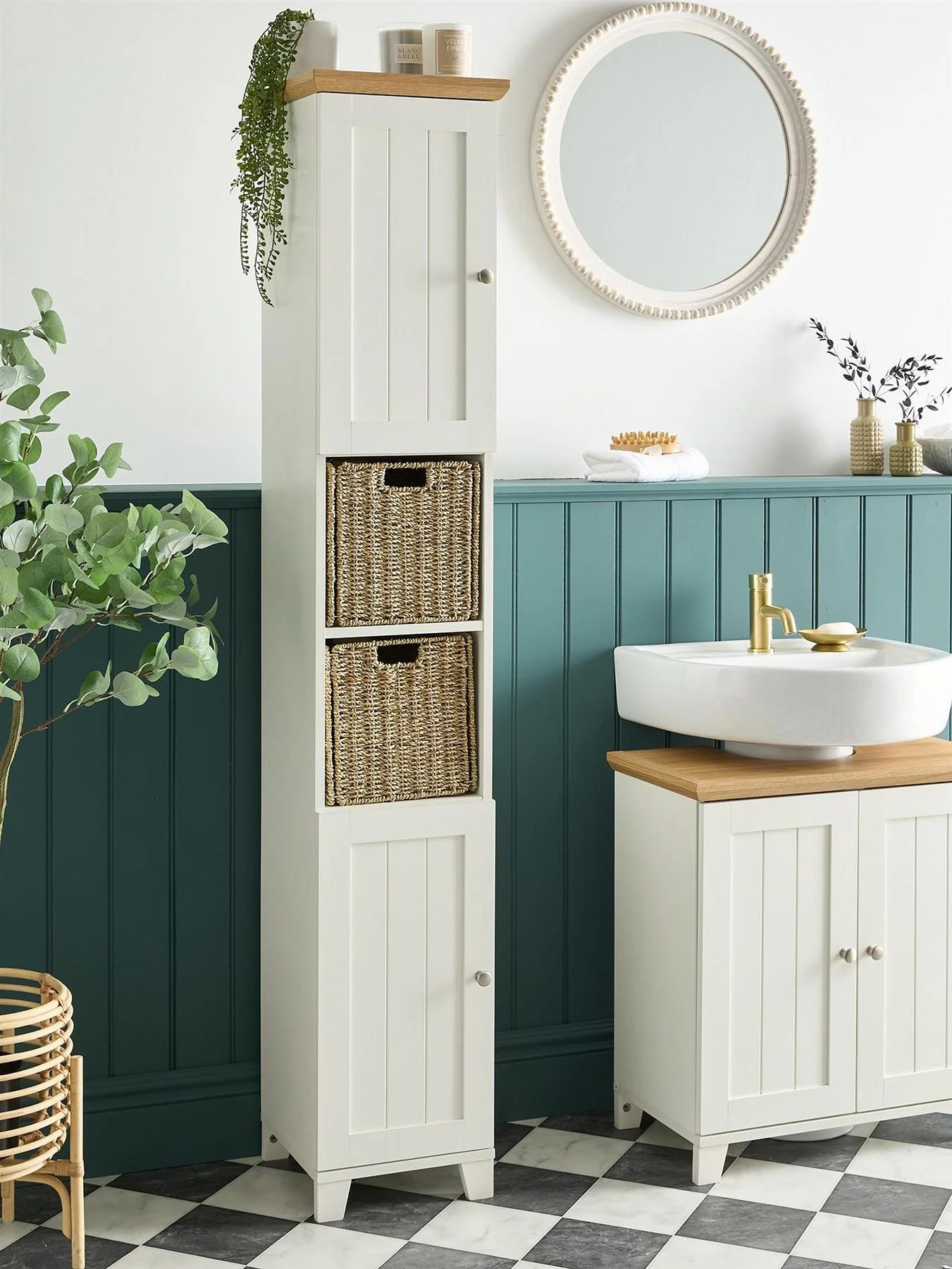 Amigo Tall Cabinet With 2 Baskets White Oak For Bathroom Storage UK - Image 3