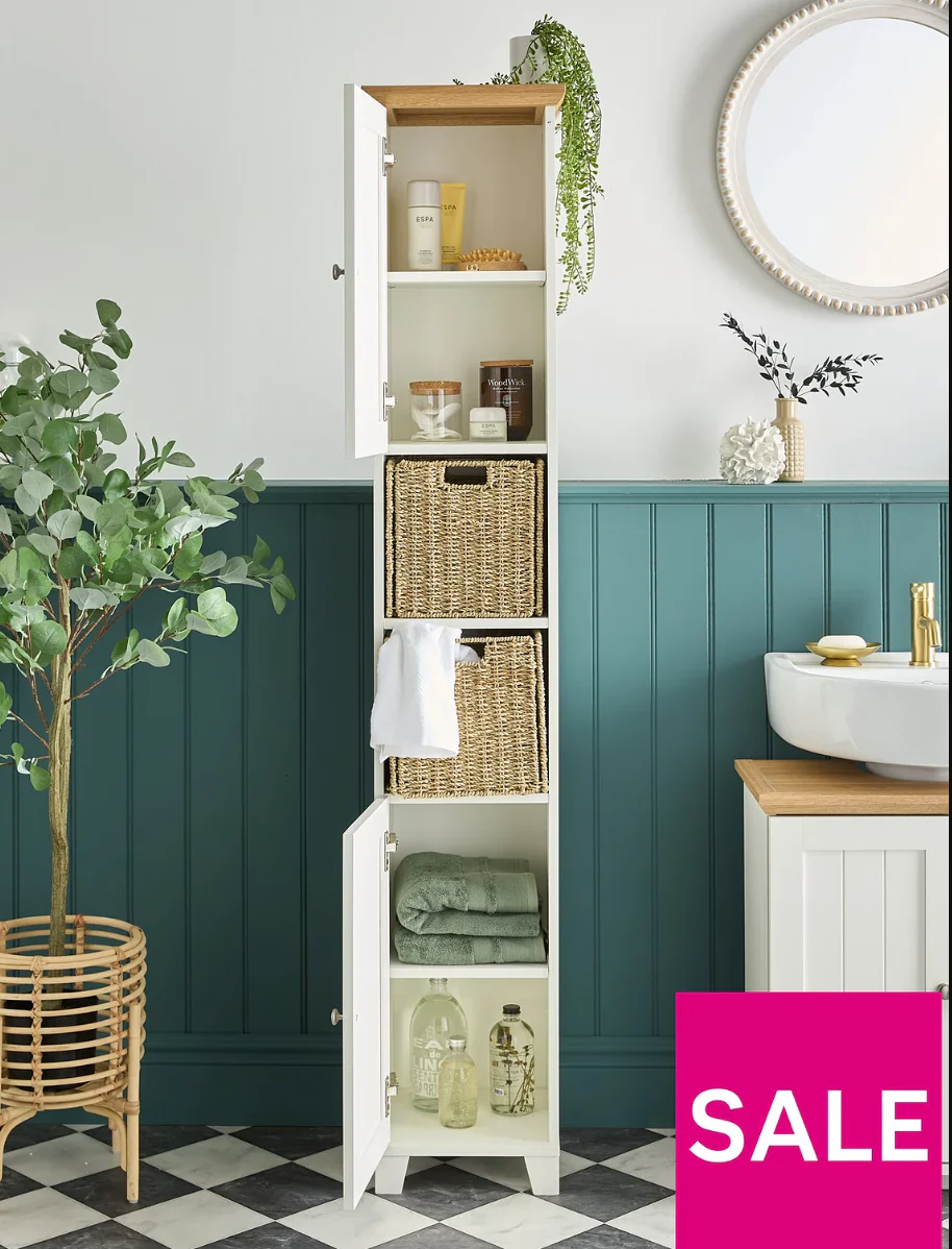 Amigo Tall Cabinet With 2 Baskets White Oak For Bathroom Storage UK - Image 7