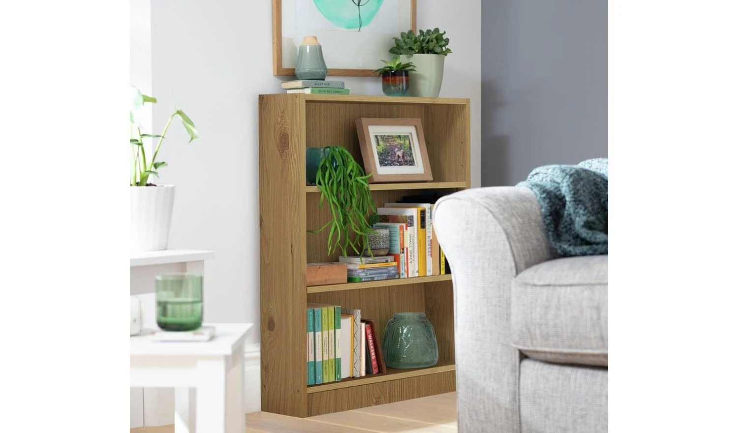 Apley Short Bookcase Oak Effect Storage Organiser Shelf Living Room - Image 3