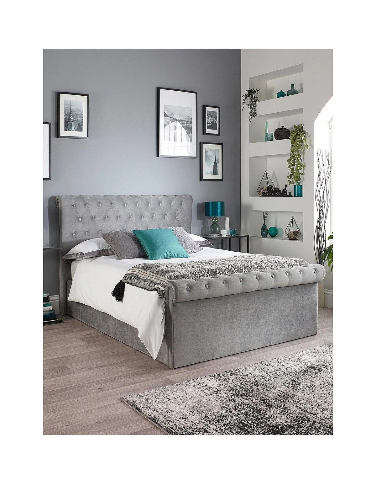 Aspire Chesterfield Fabric Lift Up Storage Bed Double Grey Buttoned