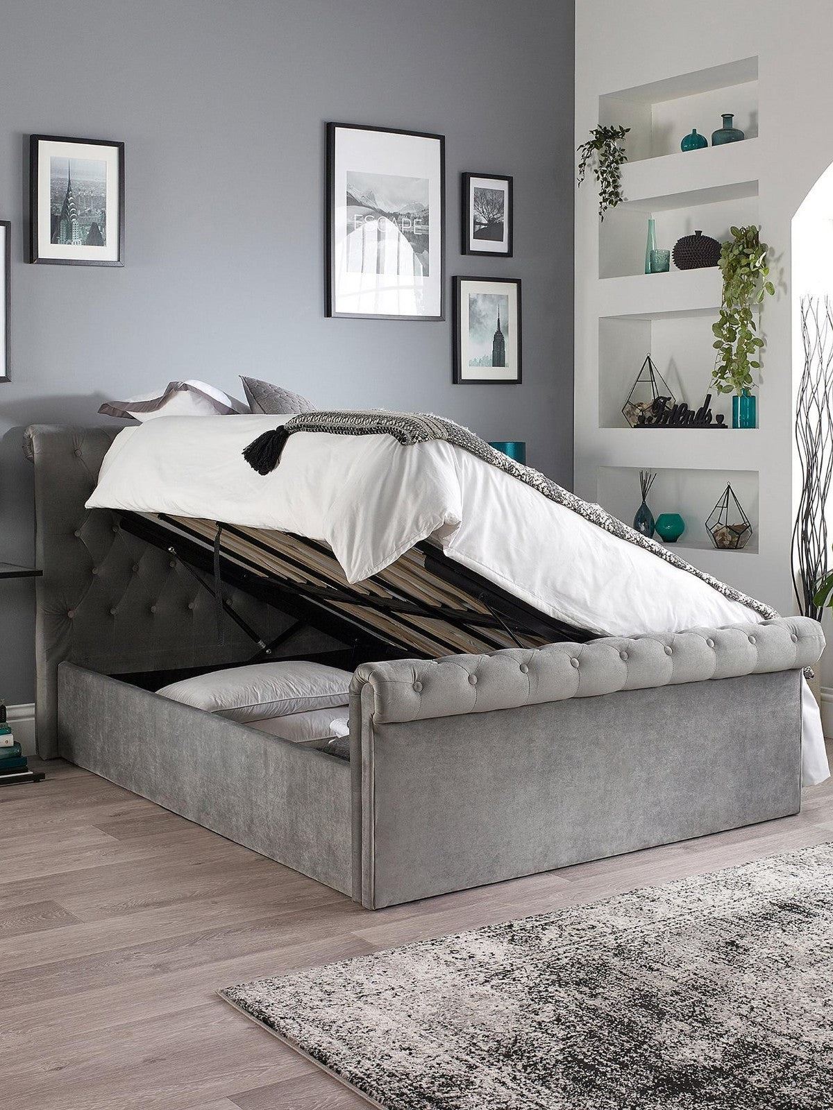 Aspire Chesterfield Fabric Lift Up Storage Bed Double Grey Buttoned - Image 2