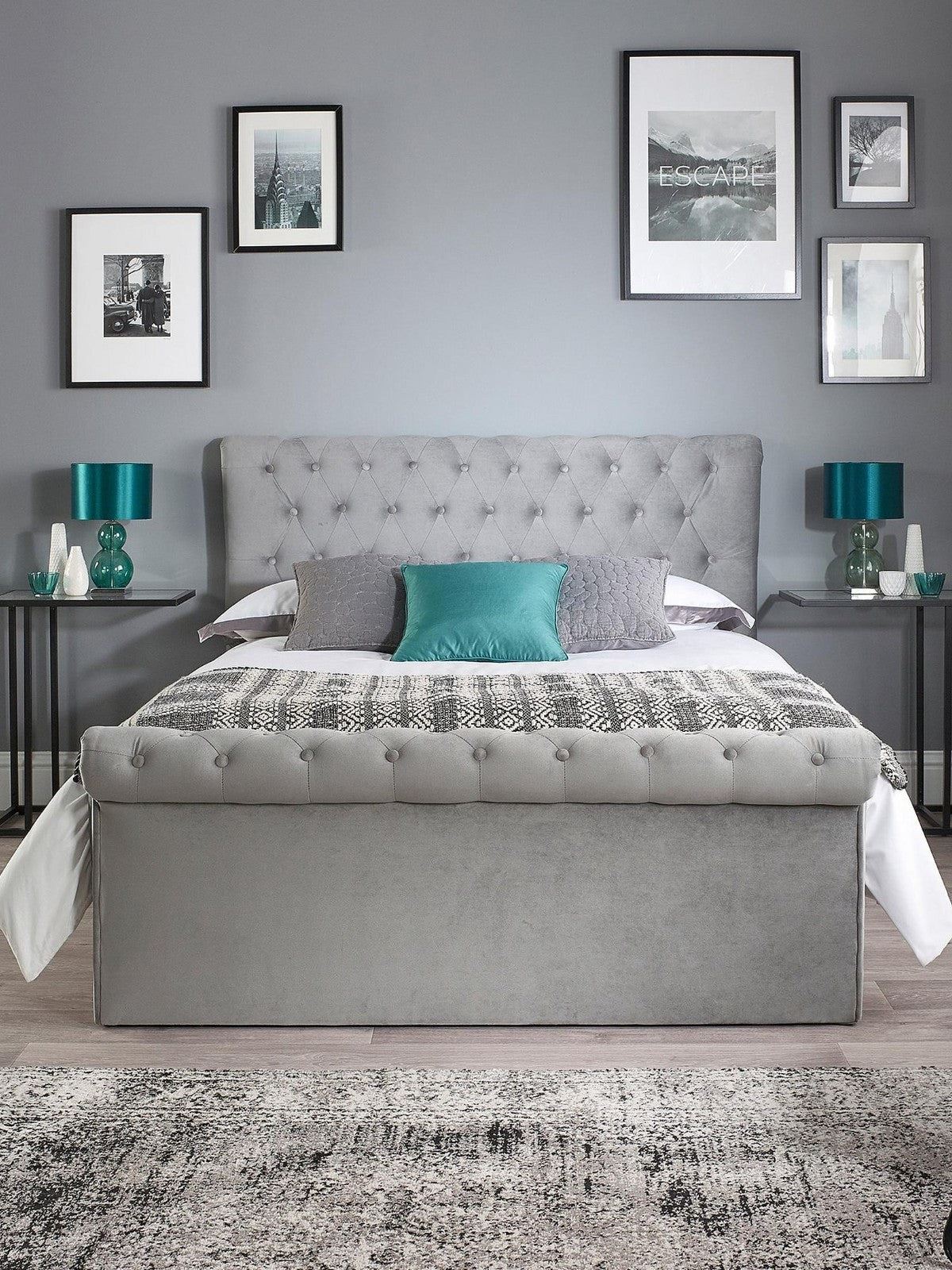 Aspire Chesterfield Fabric Lift Up Storage Bed Double Grey Buttoned - Image 3