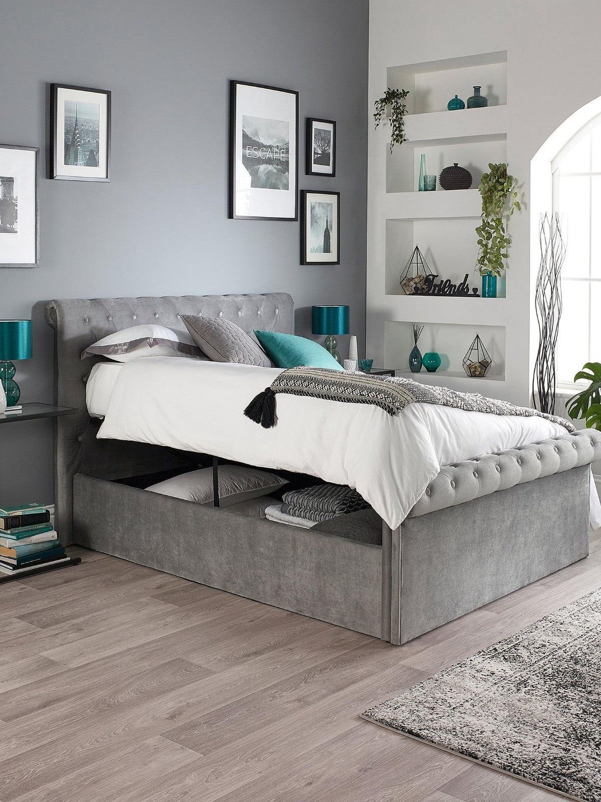 Aspire Chesterfield Fabric Lift Up Storage Bed Double Grey Buttoned - Image 4