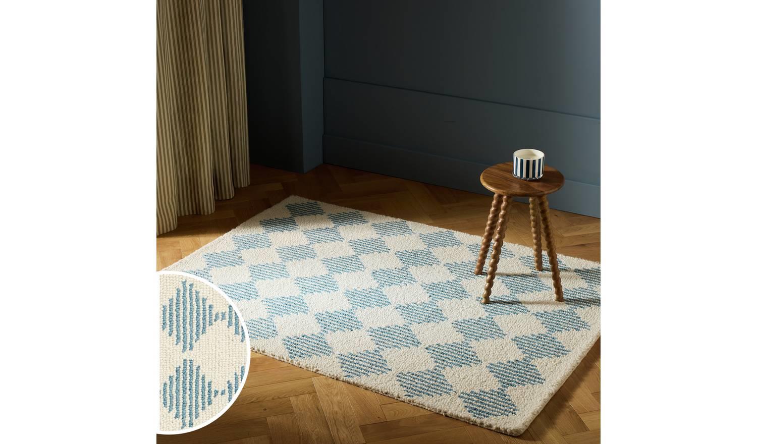 Blue Diamond Tufted Cream Wool Rug 160x230cm Bedroom Living Room Floor