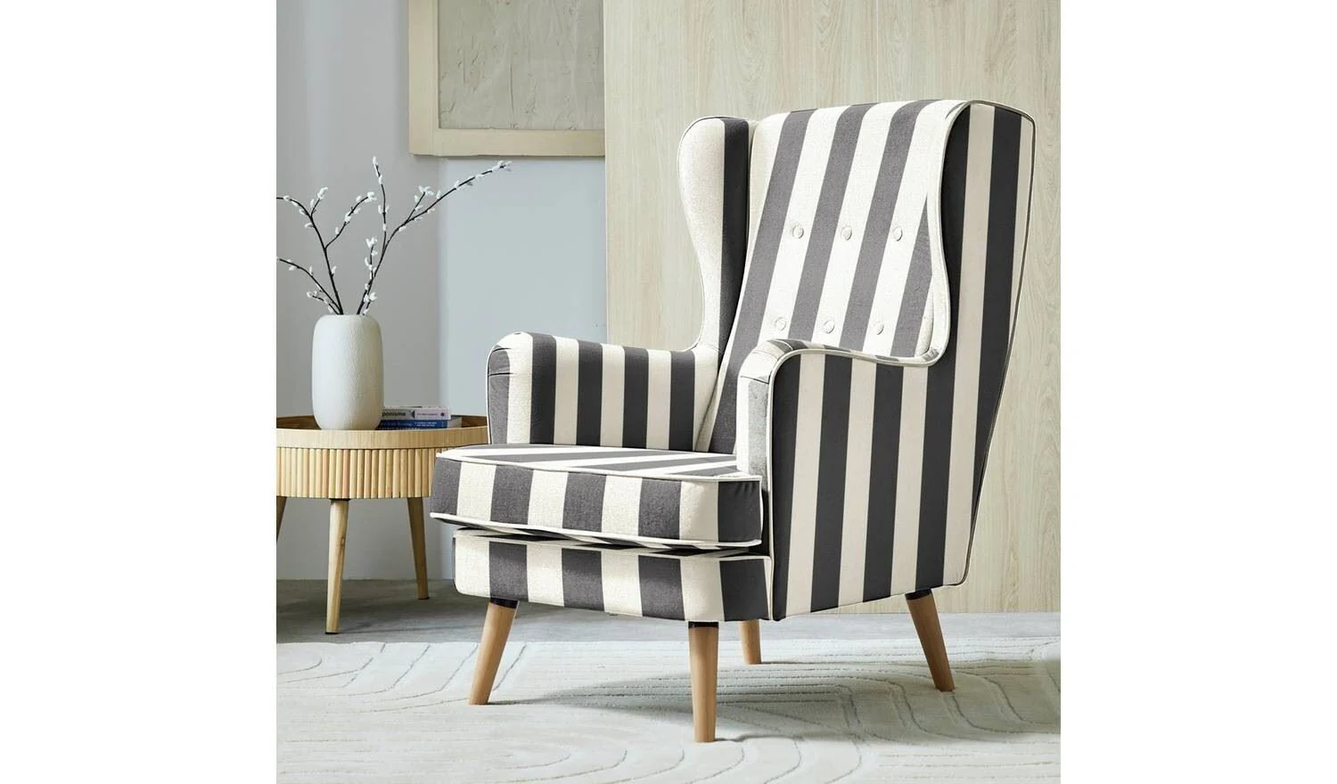 Callie Fabric Wingback Chair Black & White Comfortable Lounge Design - Image 4