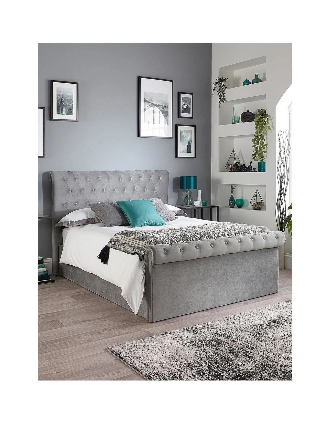 Chesterfield Fabric Lift Up Storage Small Double Bed Frame Grey UK