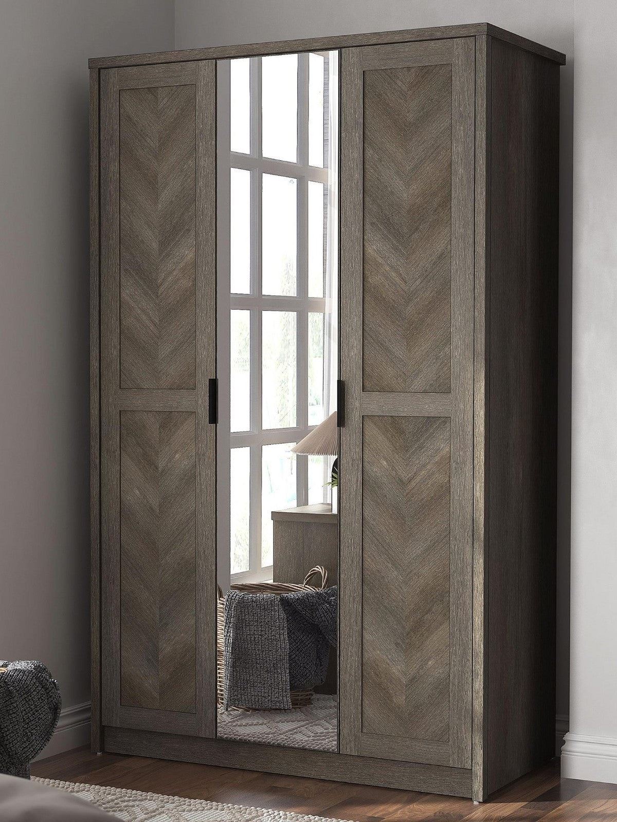 Chevry 3 Door Mirrored Wardrobe | Grey Oak & Black | Fishbone Chevron Design