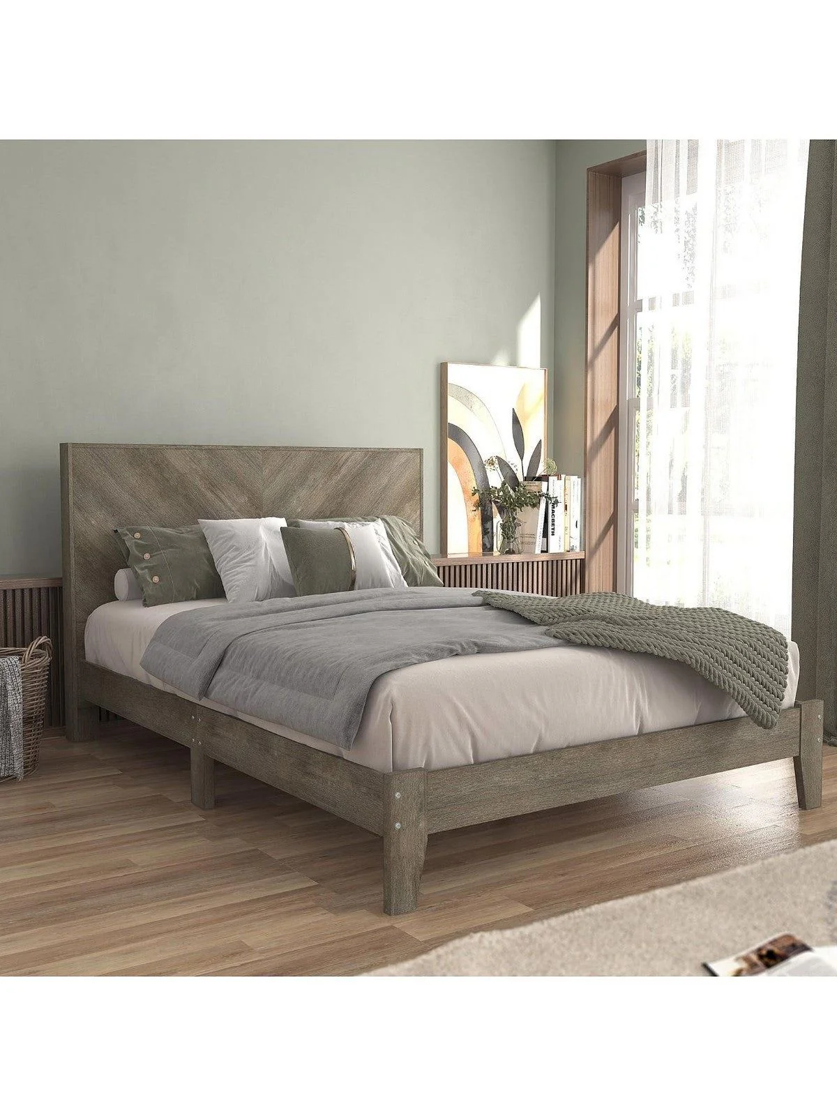 Chevry Bed Frame Double Size Grey Oak Effect | Chevron Headboard | Rustic Style - Image 5