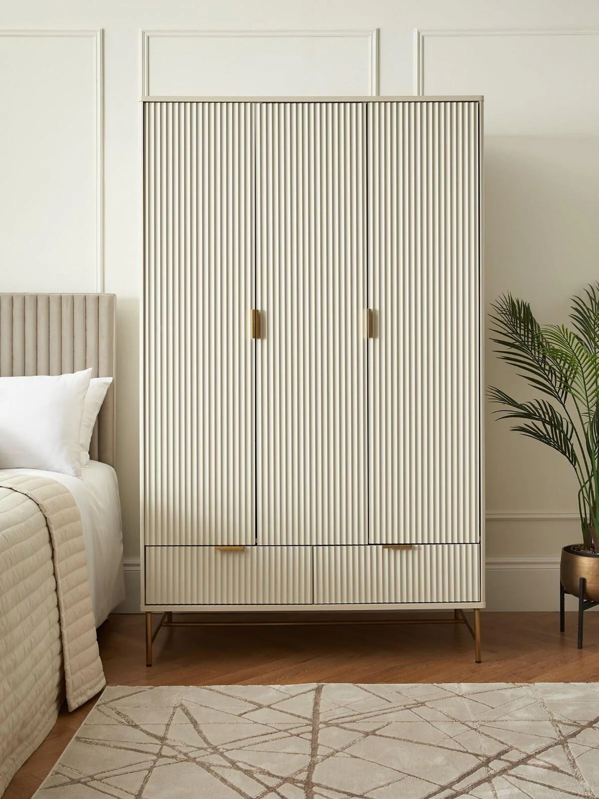 Cora 3 Door 2 Drawer Wardrobe Ivory Gold Brass Fluted Design