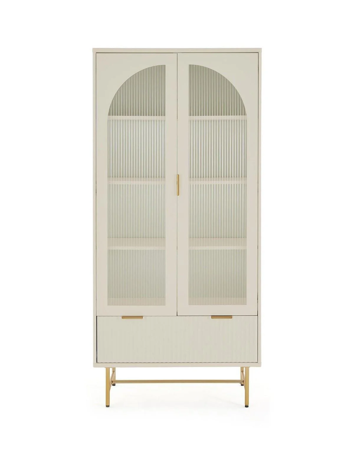 Cora Glass Door Bookcase Ivory & Brass | Fluted Drawer | Adjustable Shelves | Modern - Image 2