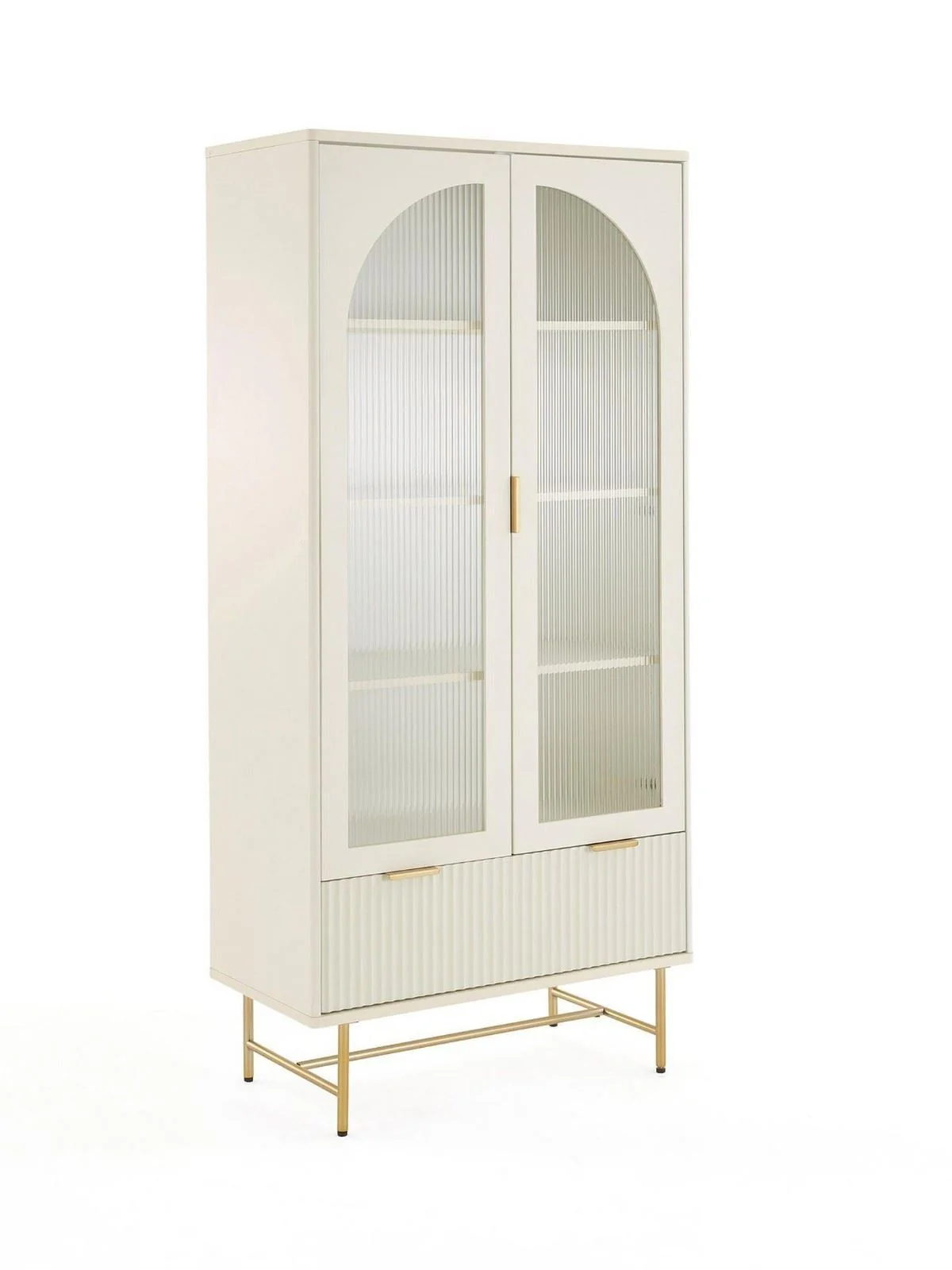Cora Glass Door Bookcase Ivory & Brass | Fluted Drawer | Adjustable Shelves | Modern - Image 3