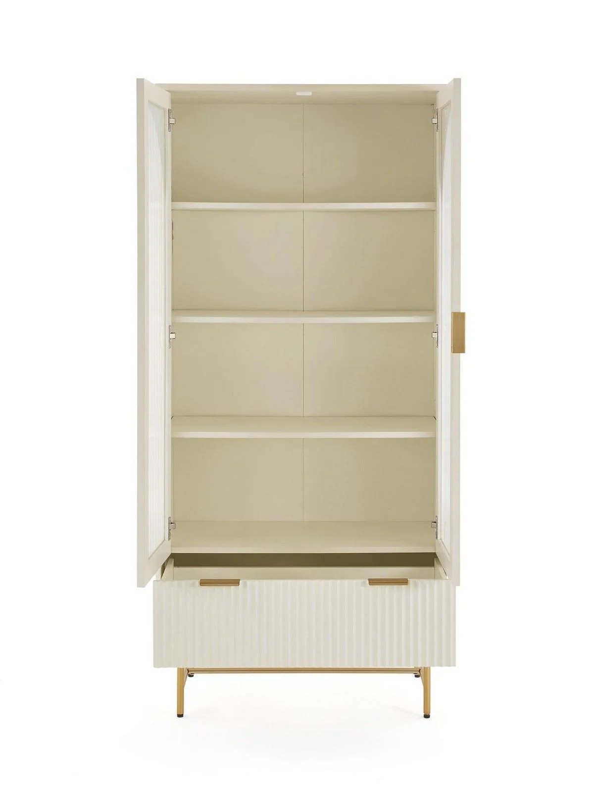 Cora Glass Door Bookcase Ivory & Brass | Fluted Drawer | Adjustable Shelves | Modern - Image 4