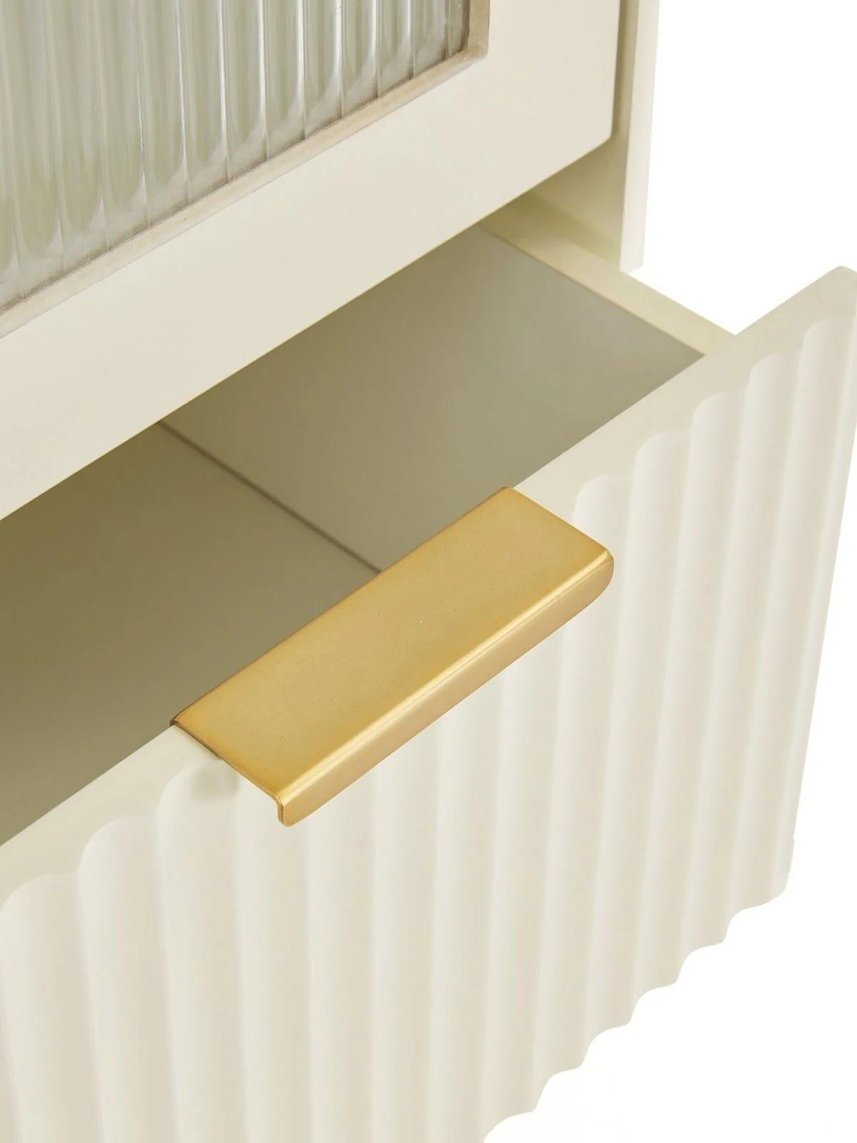 Cora Glass Door Bookcase Ivory & Brass | Fluted Drawer | Adjustable Shelves | Modern - Image 6
