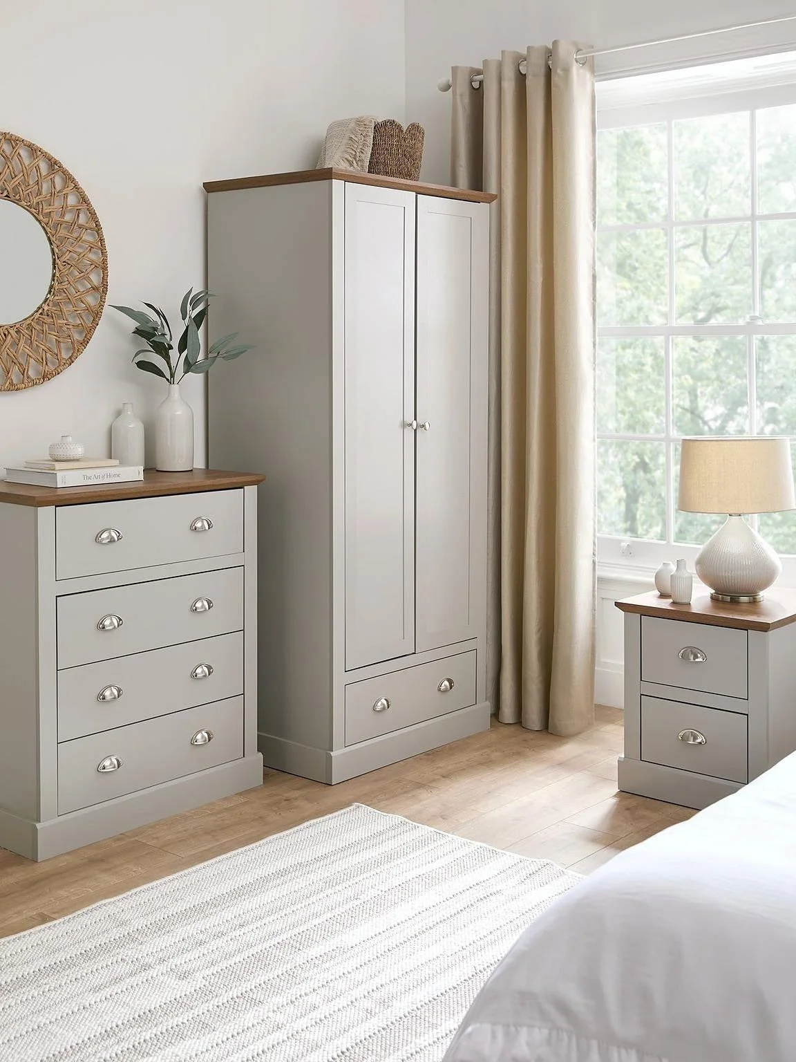 Crawford 3 Piece Bedroom Set Grey Oak | 2 Door Wardrobe 4 Drawer Chest & Bedside