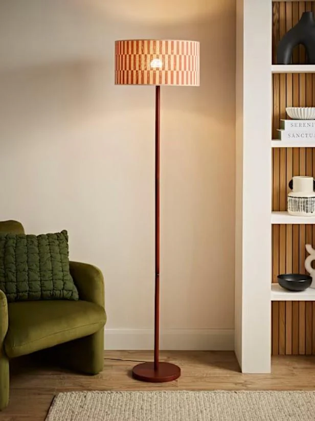 Dark Wood Floor Lamp Orange Bamboo Shade For Living Room Bedroom UK - Image 2