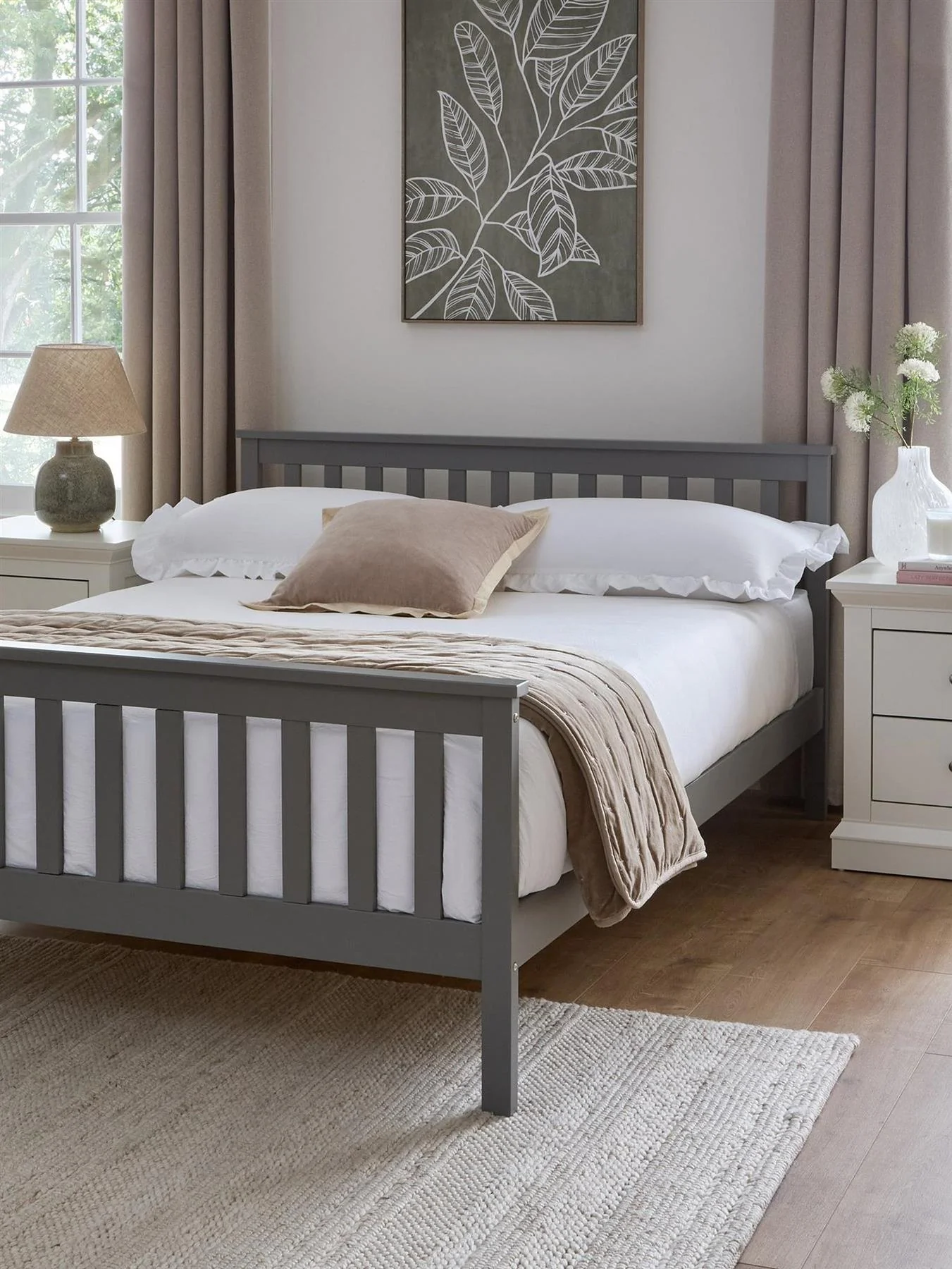 Dawson Wooden Bed Frame Grey Small Double Pine Slatted Headboard