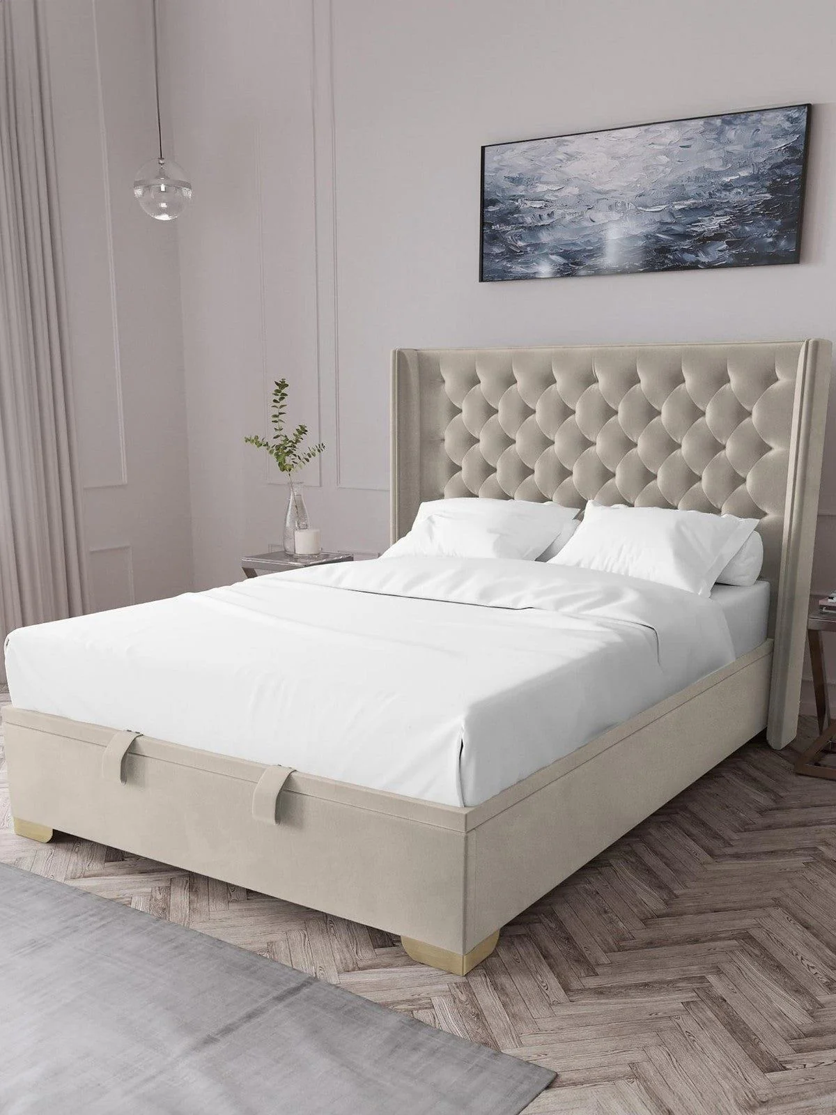 Franklin Velvet Lift Up Ottoman Bed Double Natural Buttoned Headboard