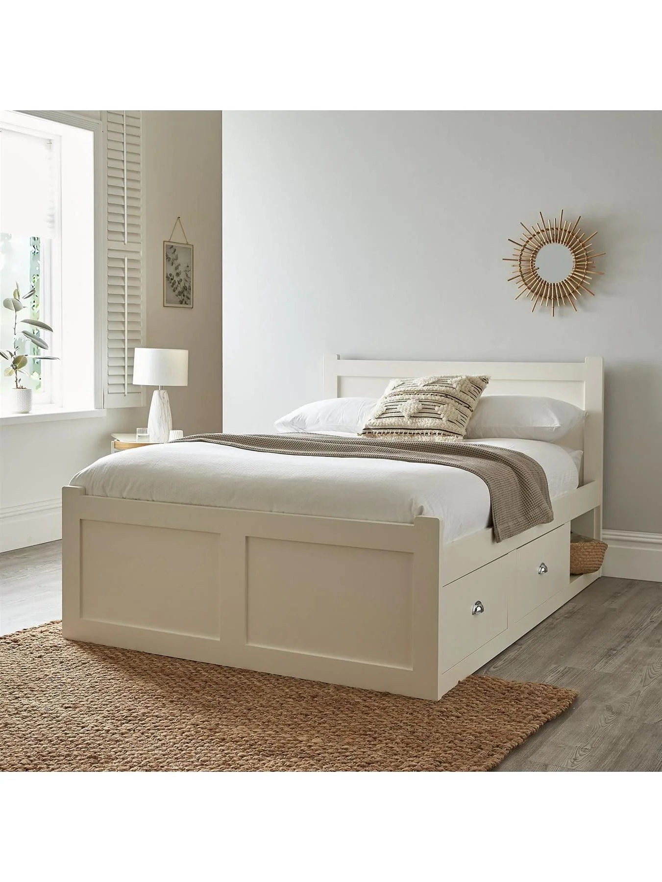 Geneva King Bed Frame White with Storage Drawers & Open Shelves