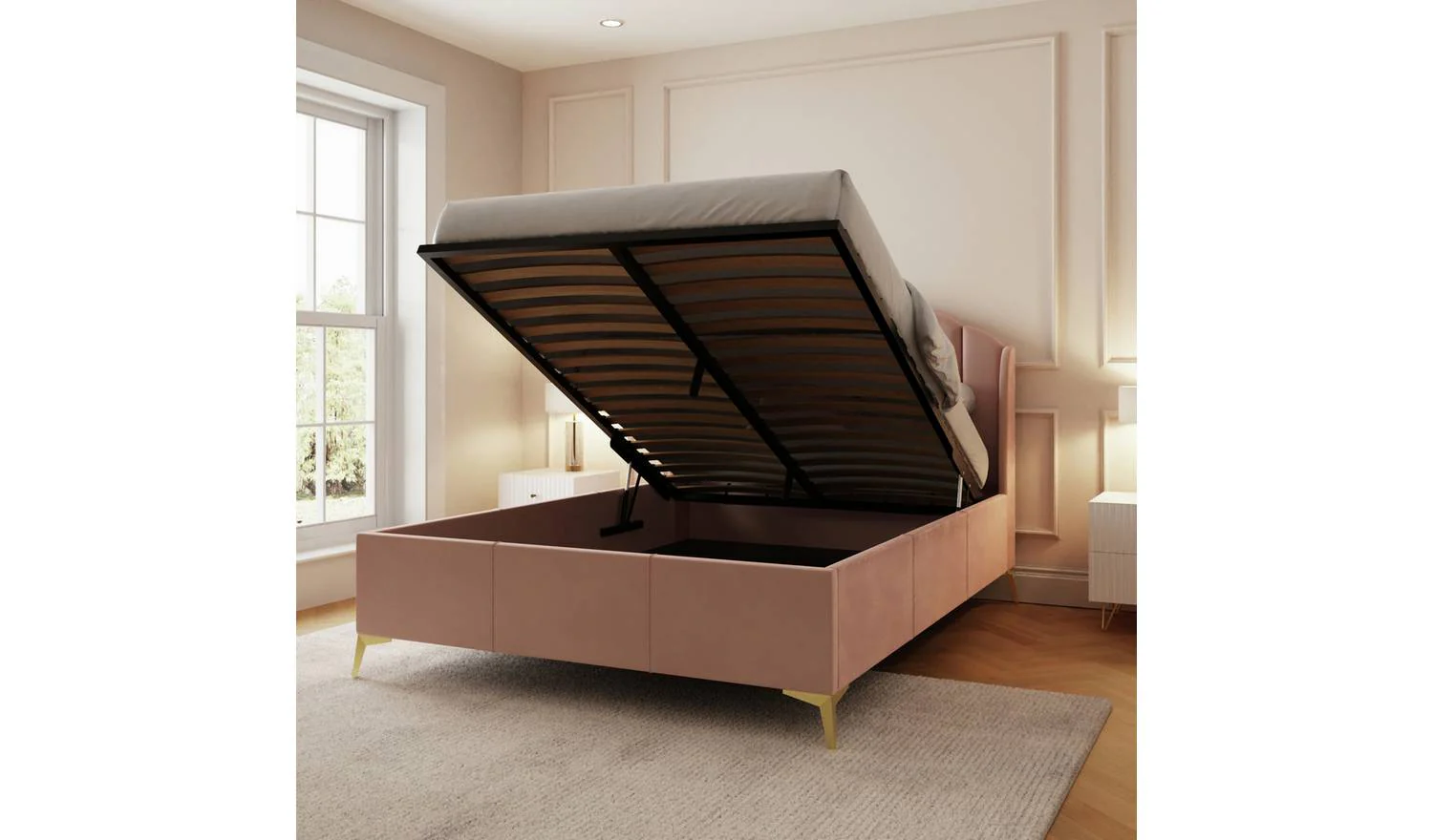 GFW Pettine End Lift Ottoman Bed Blush Pink Double Size Bedroom Storage - Image 2