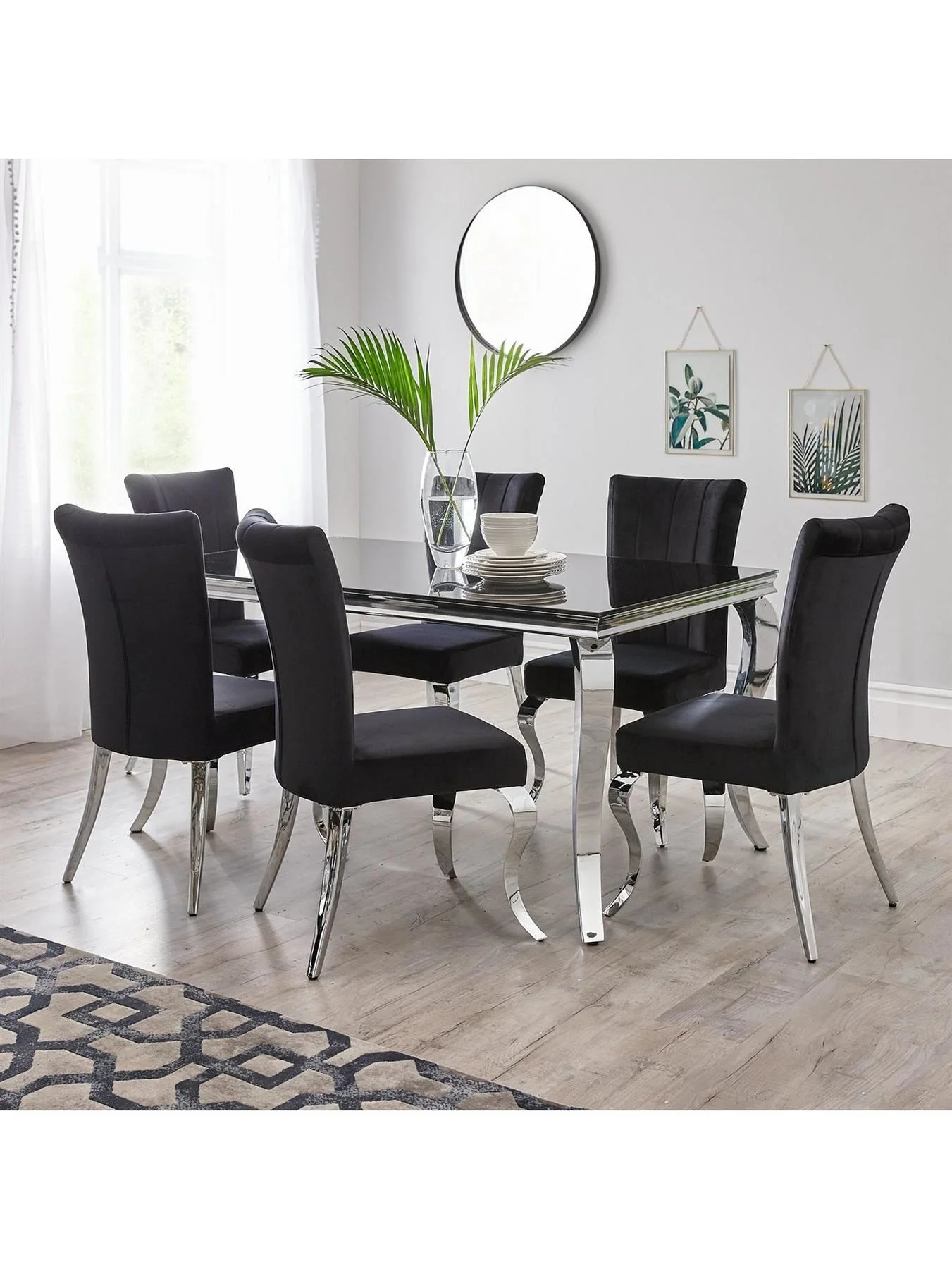 Grace 160 cm Rectangle Dining Table + 6 Chairs Black Chrome Modern Kitchen