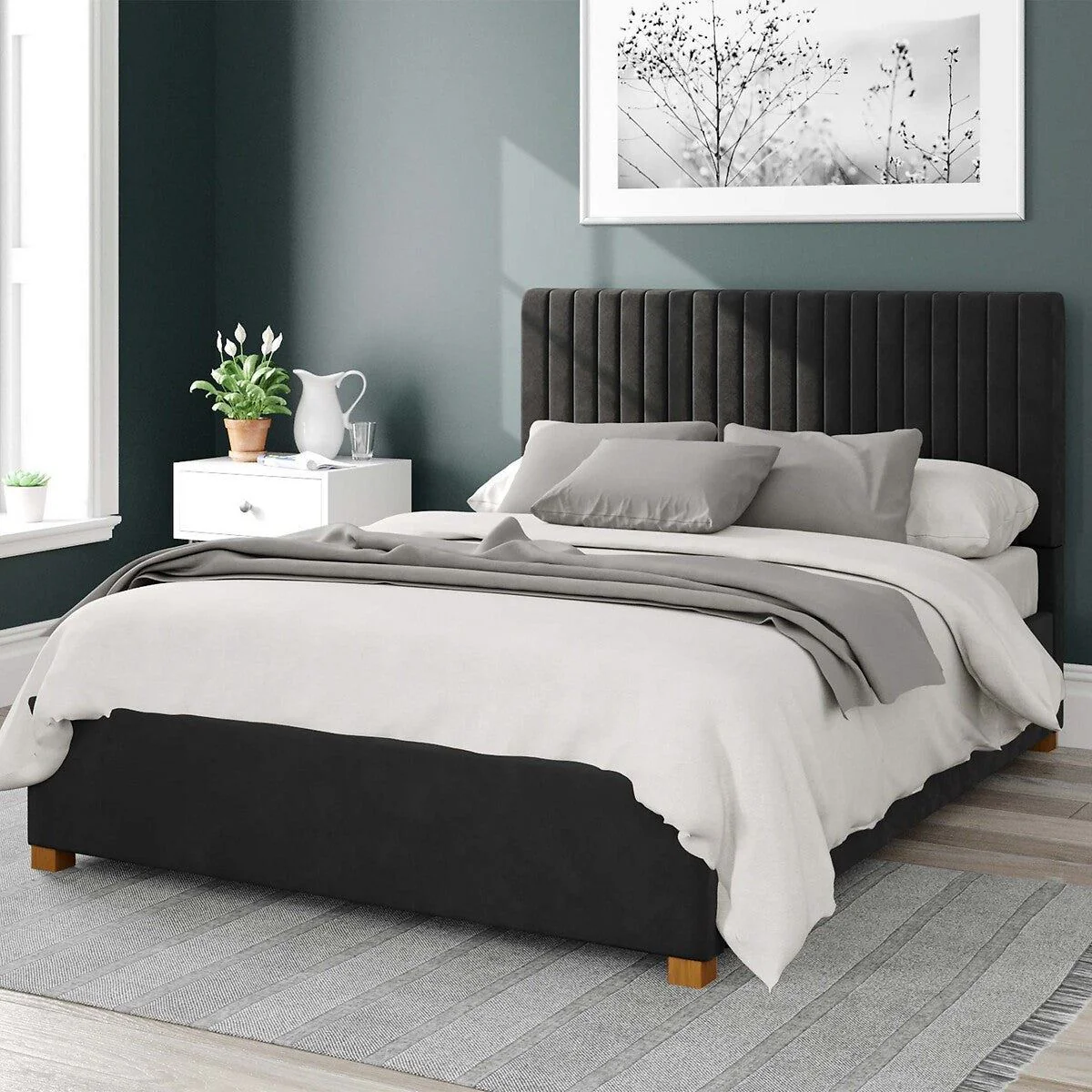 Aspire Grant Plush Velvet Storage Ottoman Bed Black Super King | Vertical Headboard