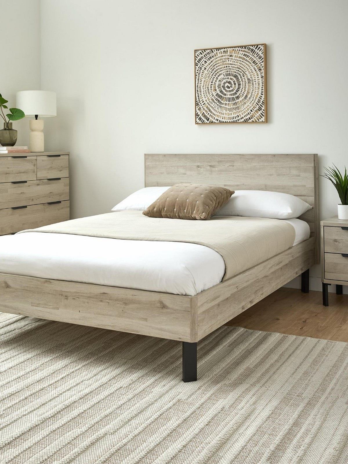 Harlem Double Bed Frame Grey Oak | Large Headboard | Black Metal Legs