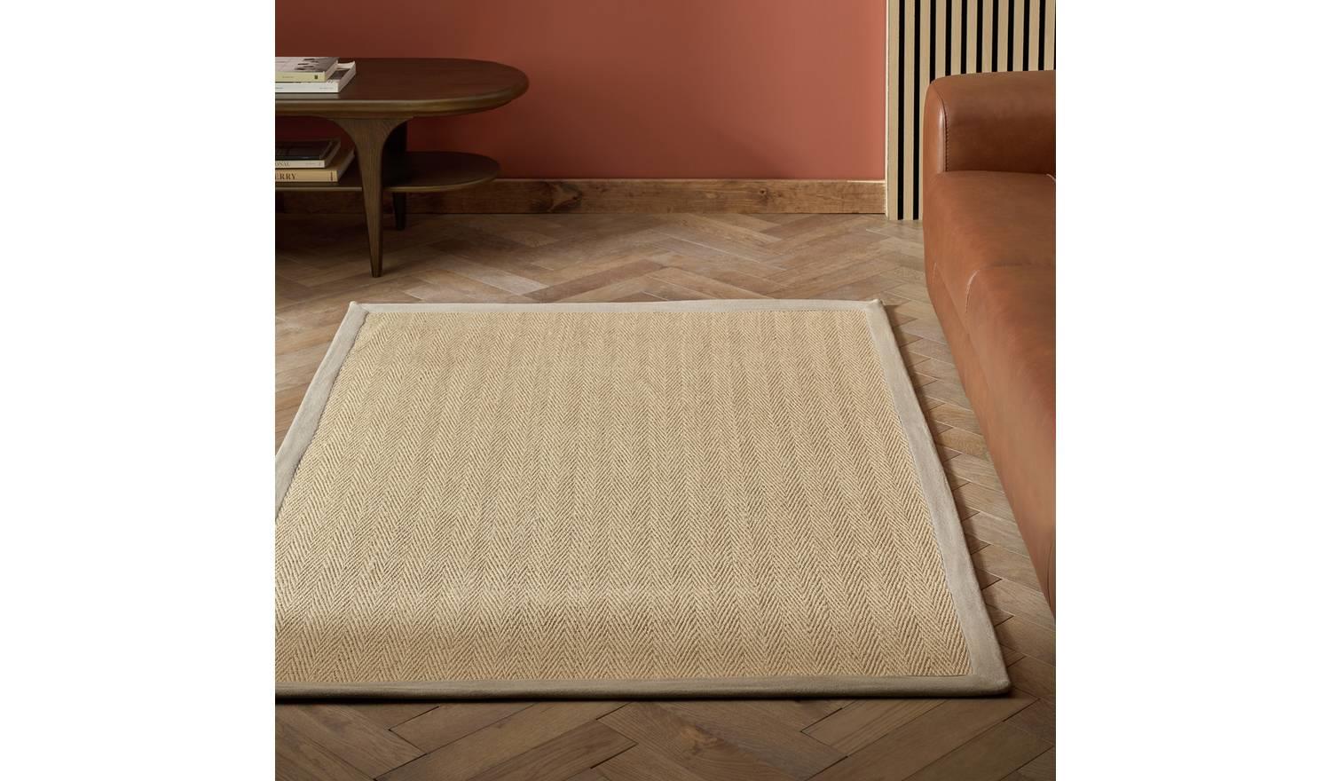 Herringbone Neutral Border Jute 80x150cm Rug Natural UK