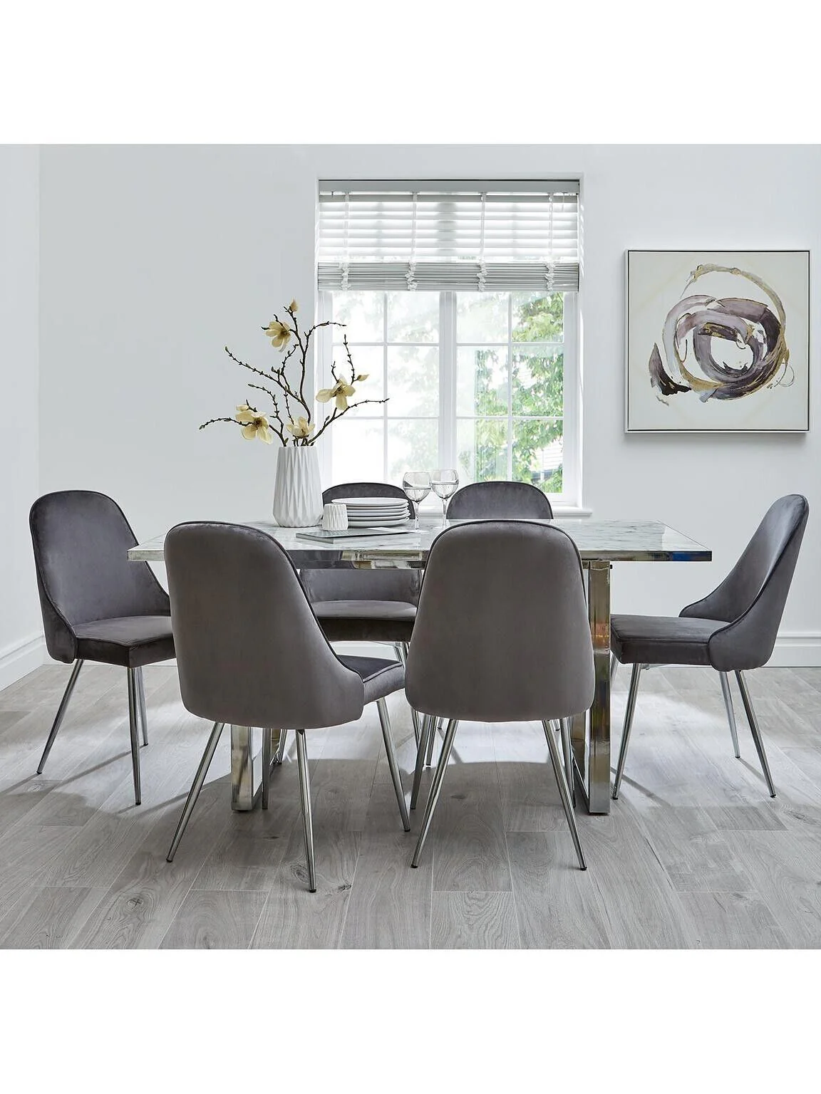 Ivy Marble Effect 161 cm Rectangle Dining Table + 6 Chairs - Marble/Chrome - Image 2