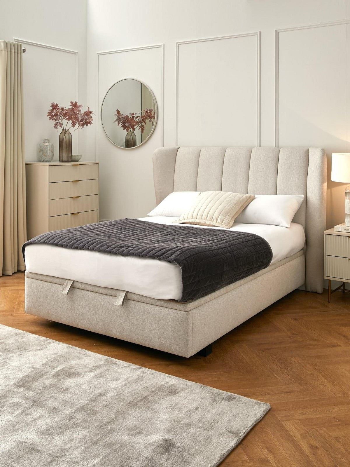 Jasper Lift Up Storage Double Bed Ivory | Winged Headboard | Ottoman Base