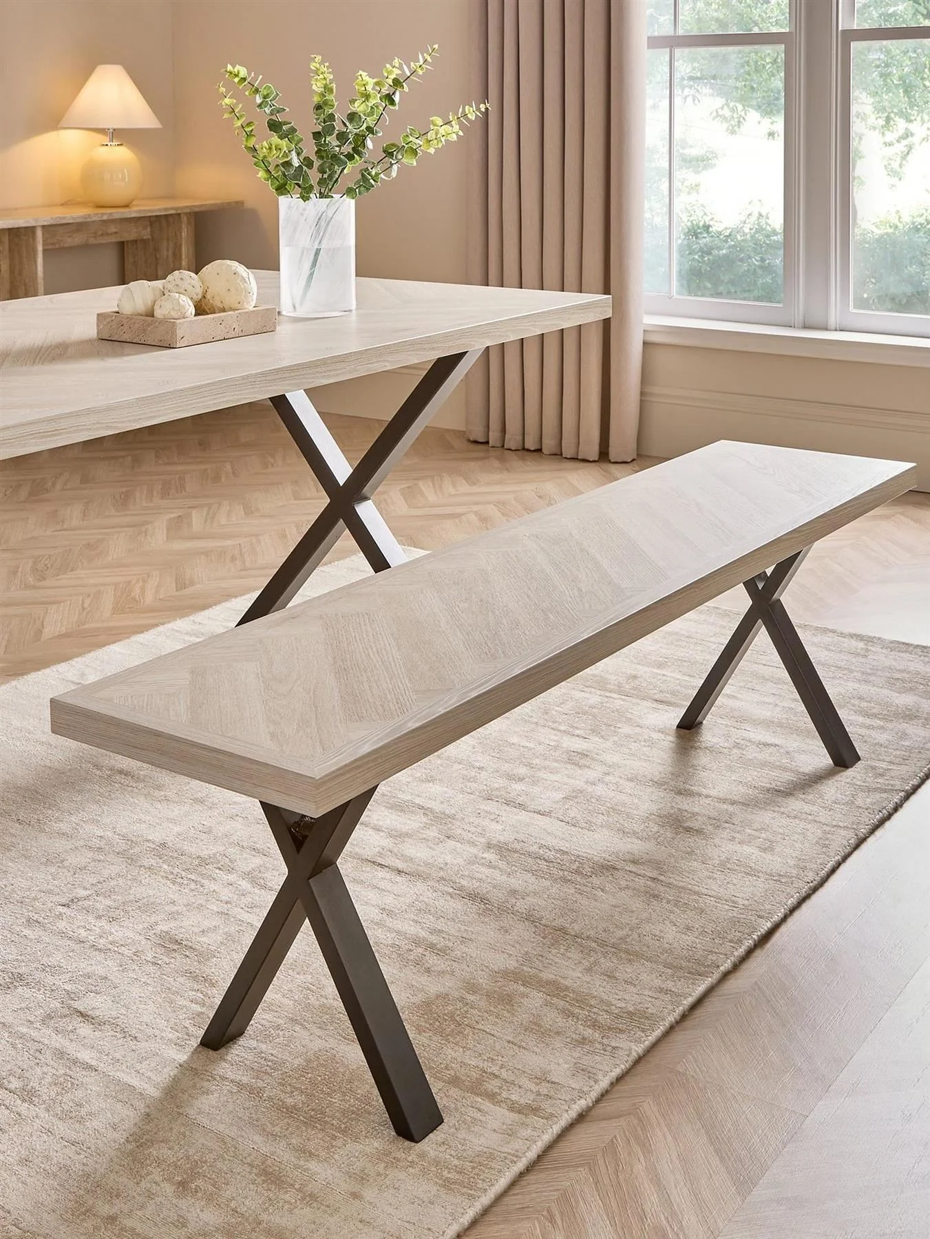 Kaia Chevron Dining Bench with Black Legs Grey/Black UK