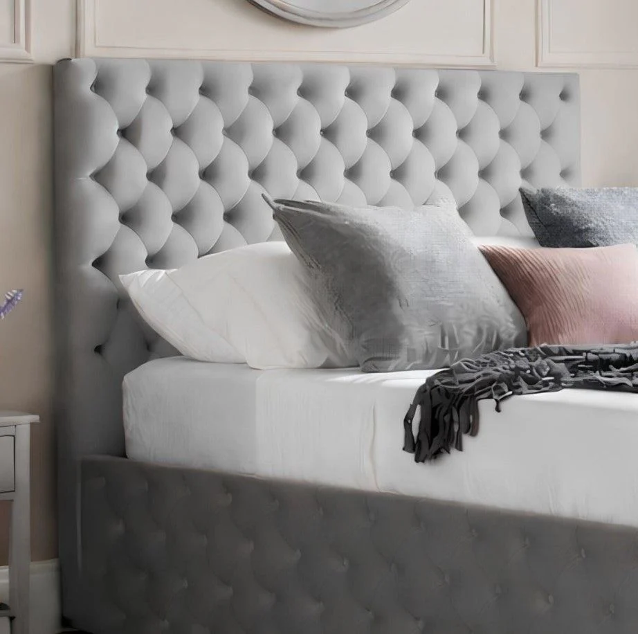 Kingston Grey Velvet Fabric Ottoman Storage Bed 4ft6 Double Quilted Headboard - Image 3