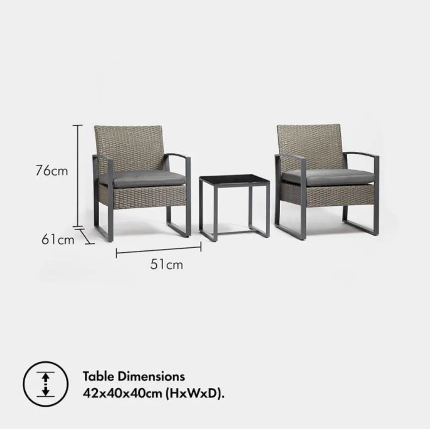 Kuta 2-Seater Rattan Bistro Set Grey Outdoor Chairs And Table - Image 5