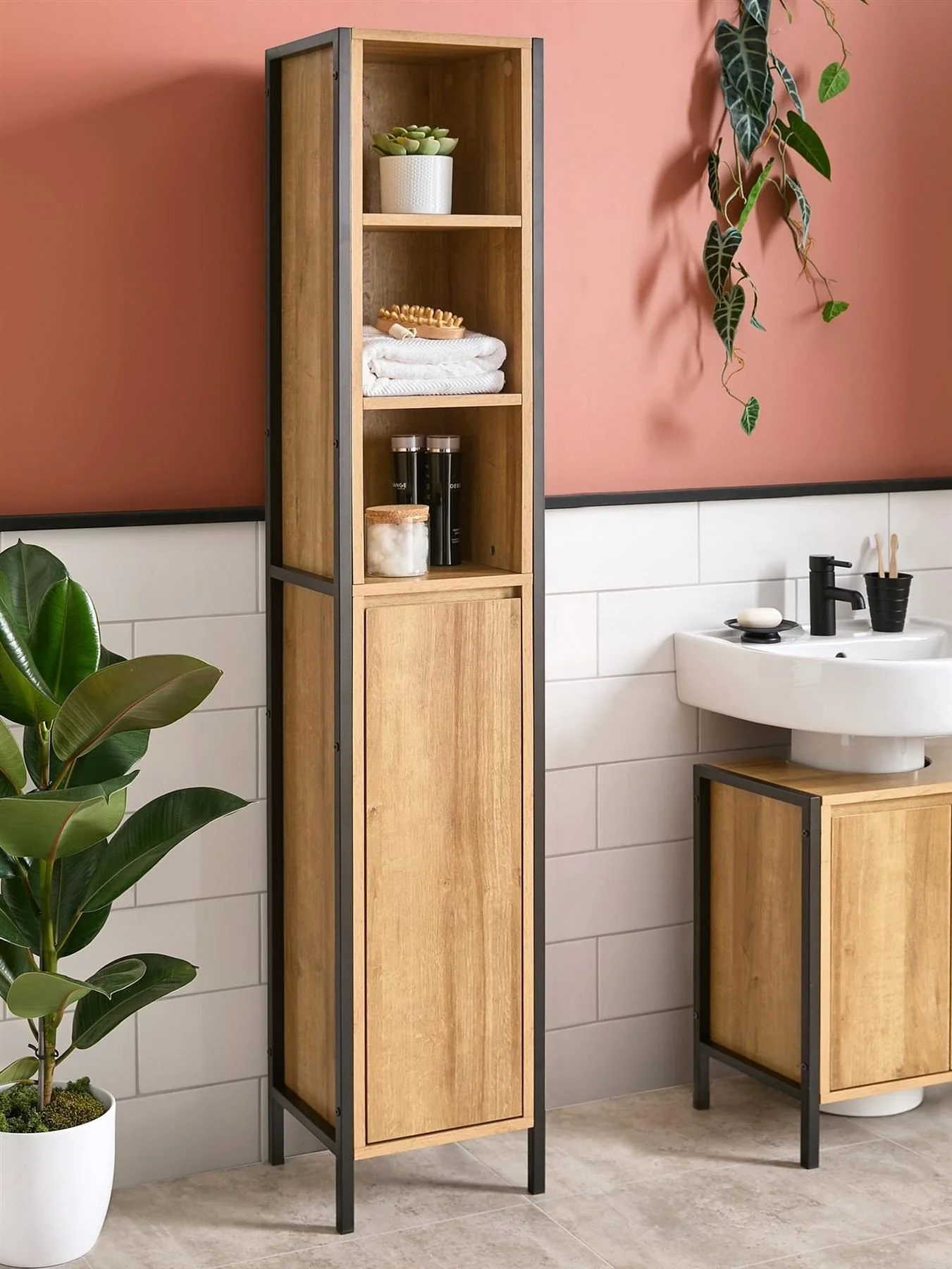 Larson Tall Bathroom Cabinet Dark Oak Storage Organiser Unit