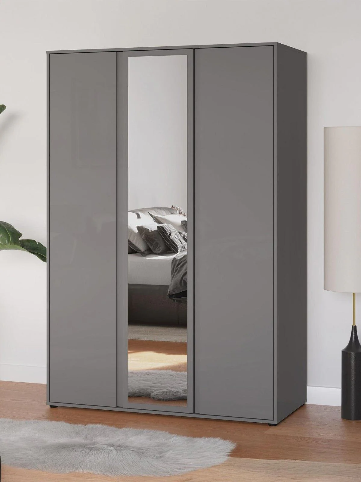 Layton Gloss 3 Door Mirrored Wardrobe Grey Modern and Spacious Bedroom Storage