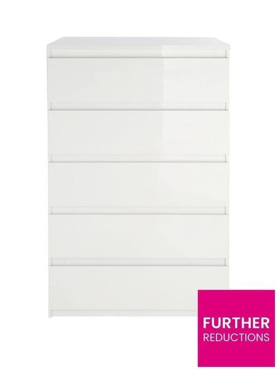 Layton Gloss 5 Drawer Chest White Storage Cabinet Stylish Bedroom Furniture - Image 2