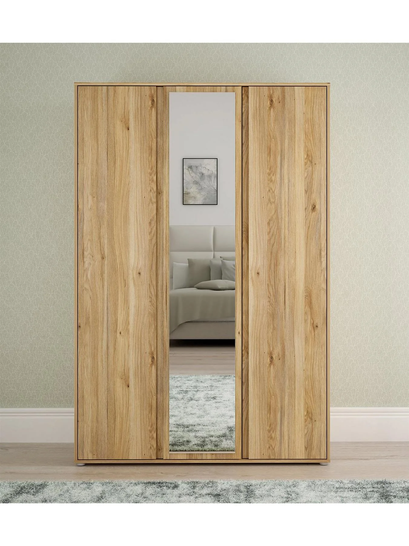 Lisson 3 Door Mirrored Wardrobe New Oak Storage Organiser Bedroom Furniture