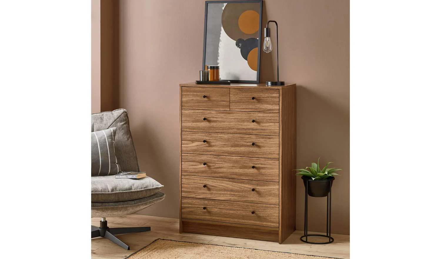 Malibu 7 Drawer Chest Walnut For Bedroom Hallway Home Organiser UK