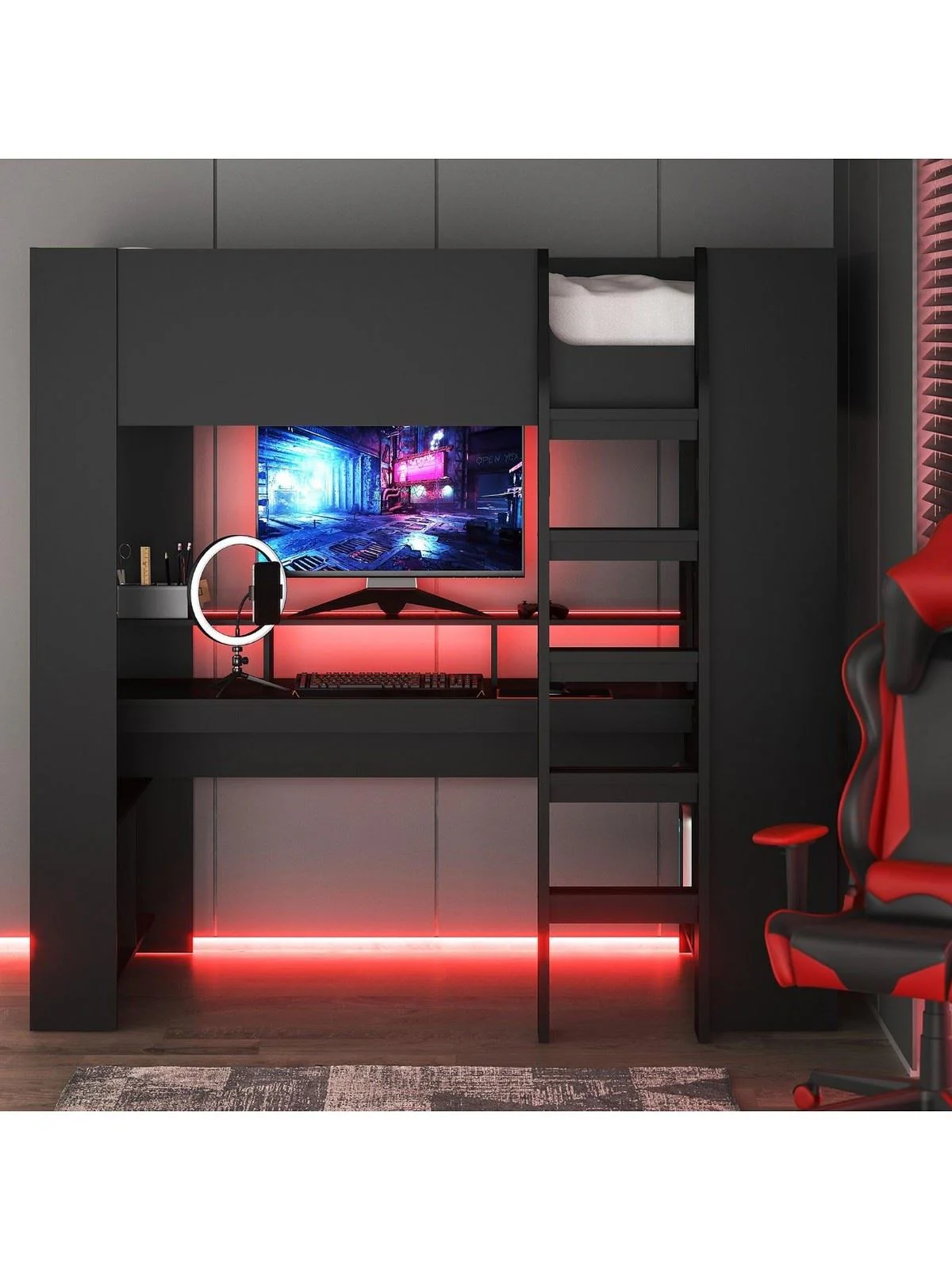 Maverick High Sleeper Bed Black | Gaming Bed | Space Saving | Desk & Shelves - Image 7