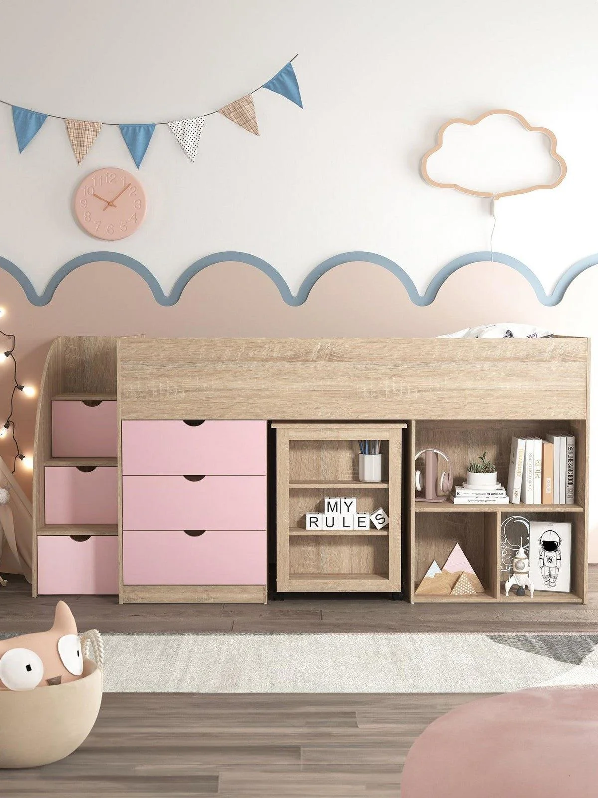 Mico Mid Sleeper Bed Pull Out Desk Storage Light Pink Oak Kids Space-Saving