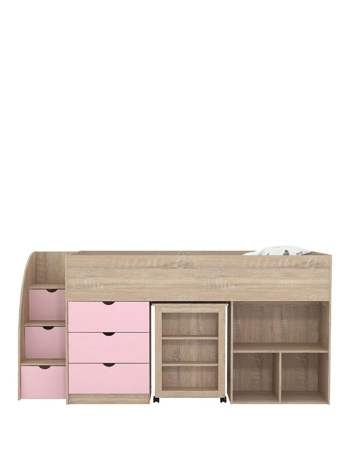 Mico Mid Sleeper Bed Pull Out Desk Storage Light Pink Oak Kids Space-Saving - Image 2