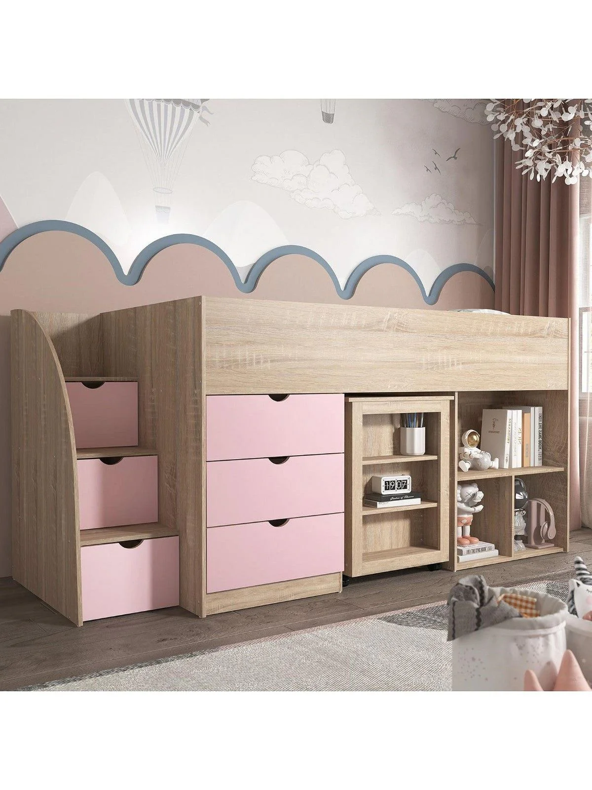 Mico Mid Sleeper Bed Pull Out Desk Storage Light Pink Oak Kids Space-Saving - Image 4