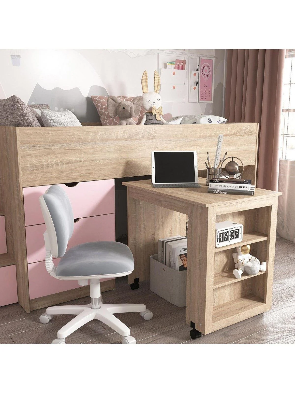 Mico Mid Sleeper Bed Pull Out Desk Storage Light Pink Oak Kids Space-Saving - Image 5