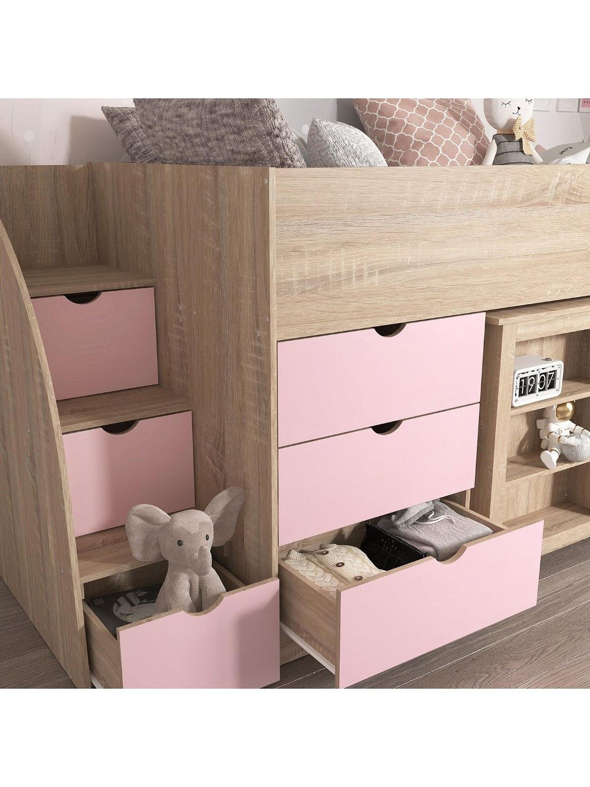 Mico Mid Sleeper Bed Pull Out Desk Storage Light Pink Oak Kids Space-Saving - Image 6