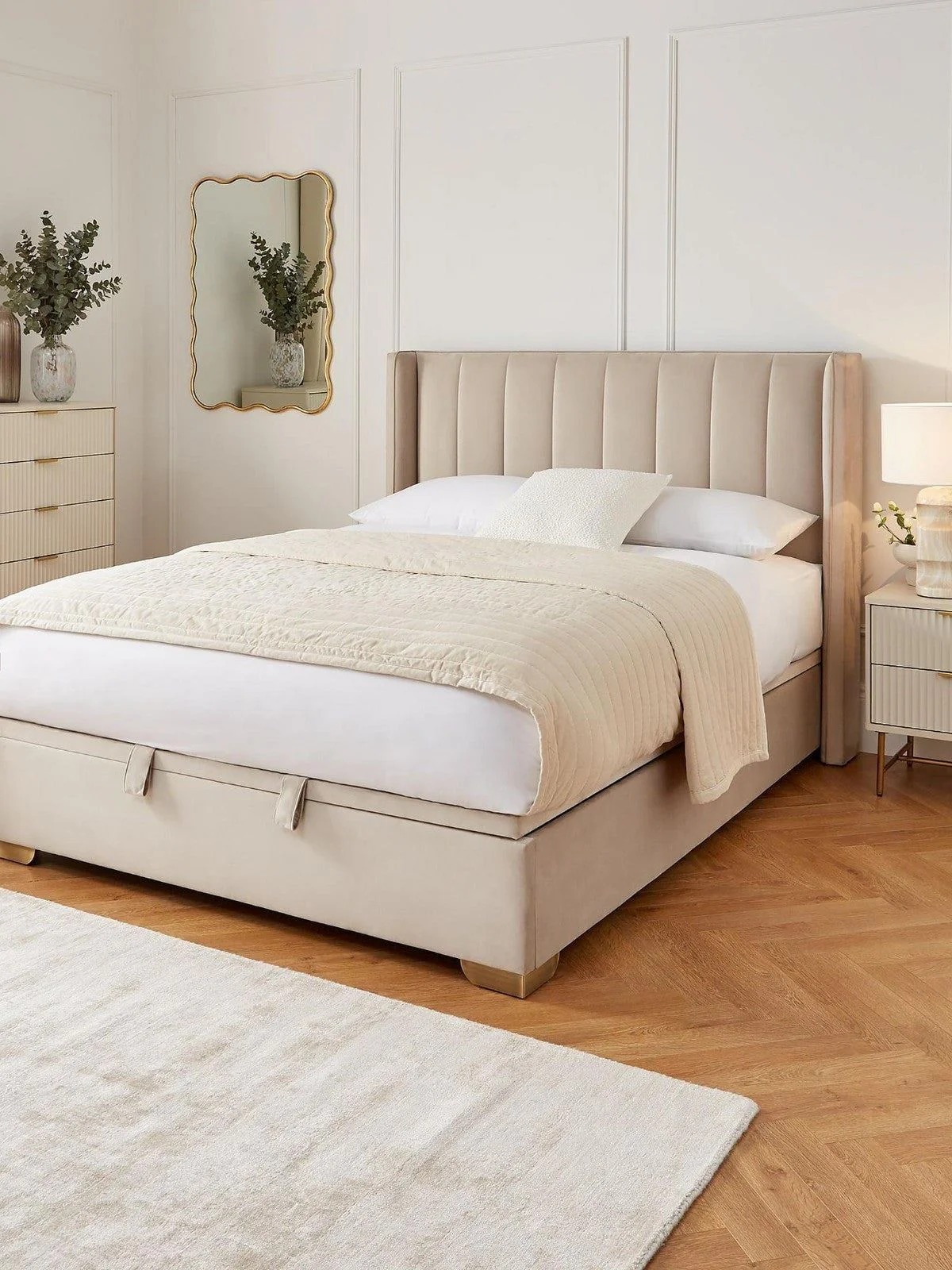 New Dakota Velvet End Lift Up Storage Ottoman Double Bed Natural Stylish Bedrom