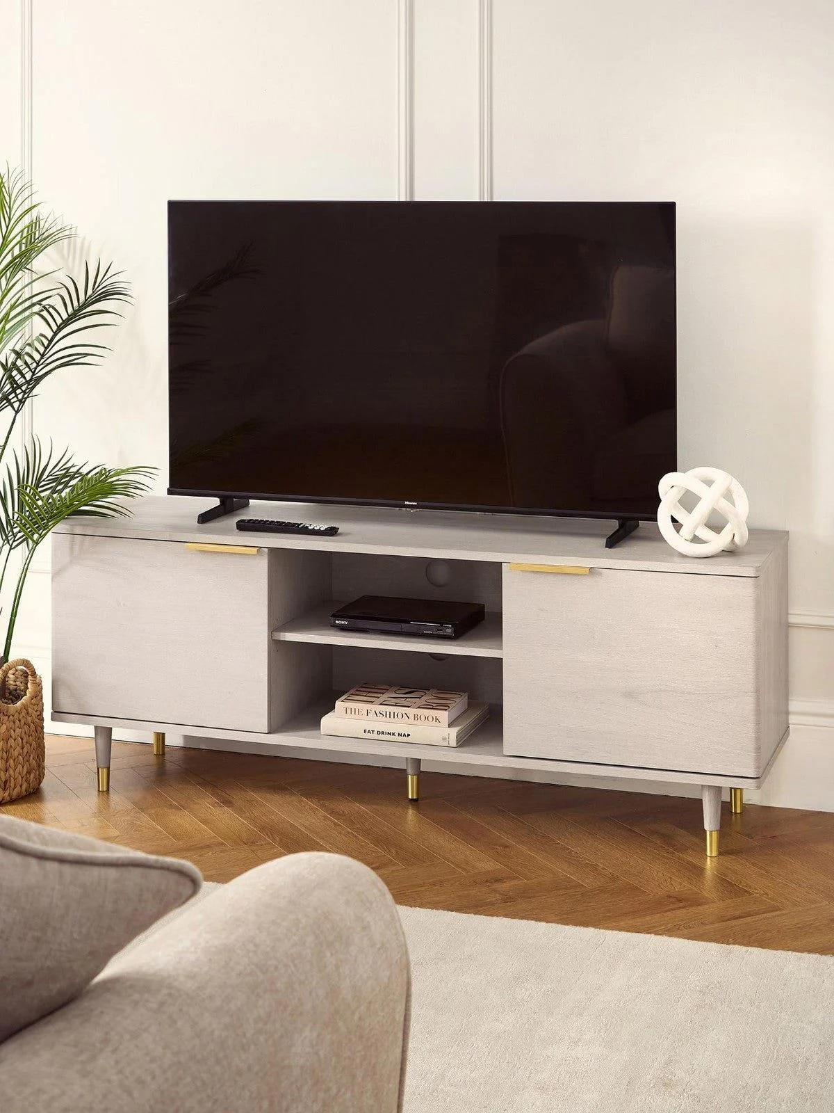 New Enna TV Unit Grey Oak Gold Handles fits up to 65 inch Media Stand