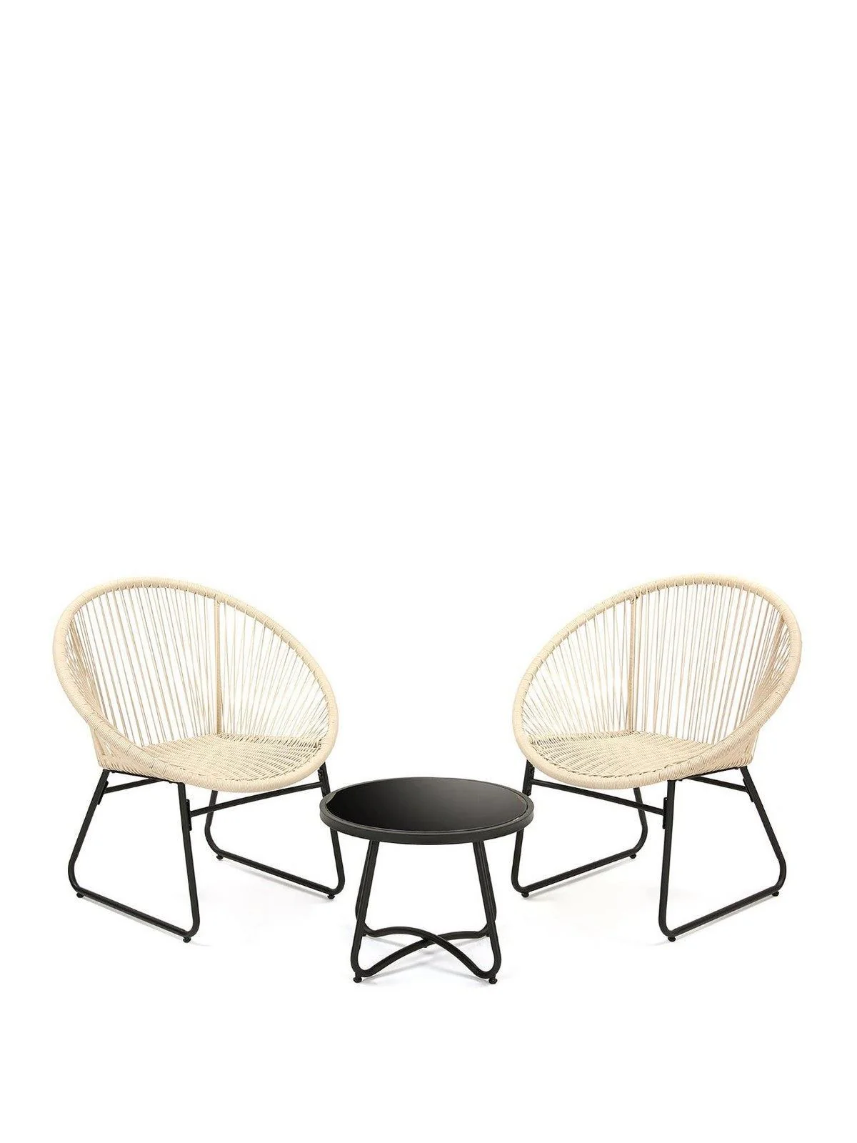 Noodle Bistro Set 2 Wicker Chairs Round Table Black Glass Garden Patio UK - Image 2